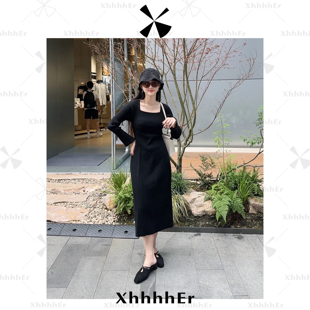 辛儿/小个子秋冬黑色长袖通勤设计感镂空修身连衣裙XY1389