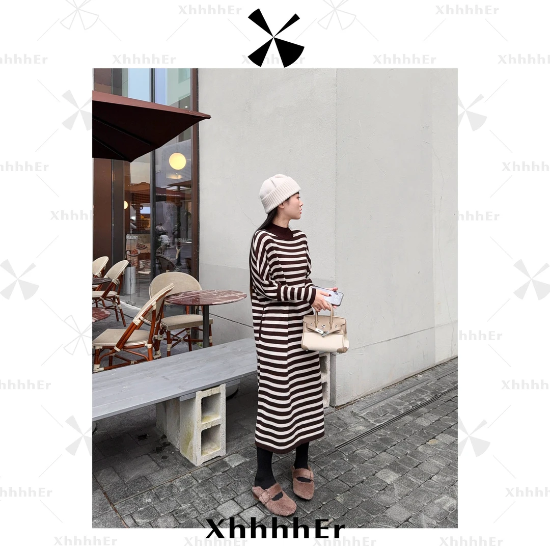 辛儿/小个子秋冬保暖设计感通勤显瘦羊毛慵懒条纹连衣裙XY1813