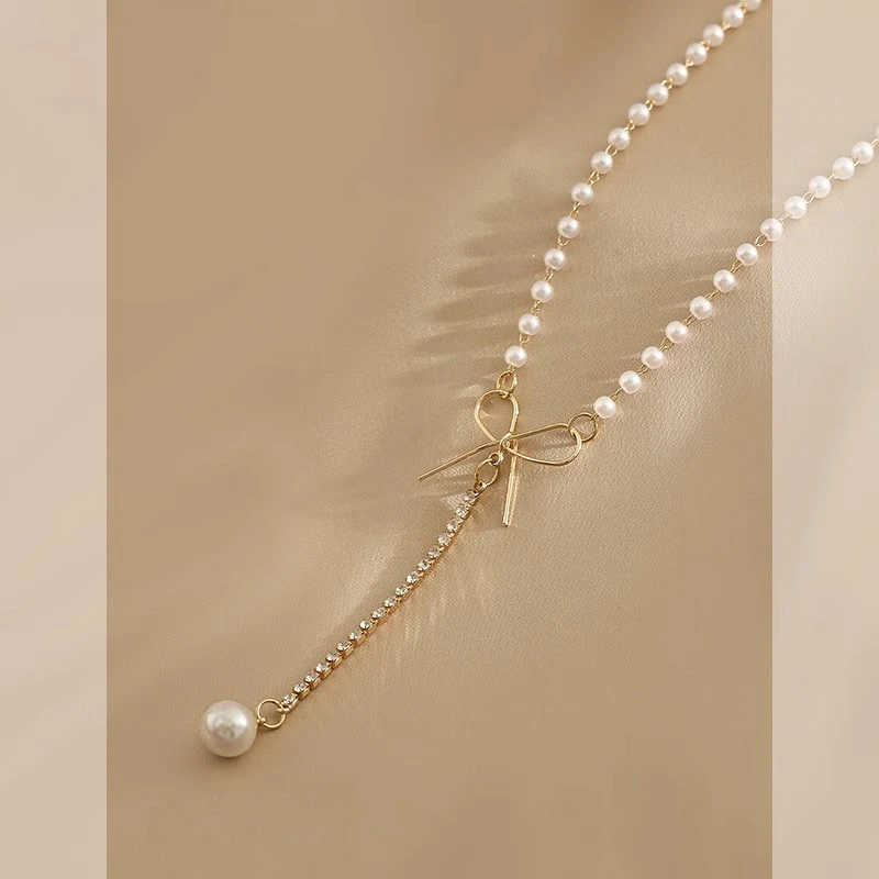 铜合金仿珍珠项链 新款颈链吊坠爆款法式复古锁骨链女小众饰品潮