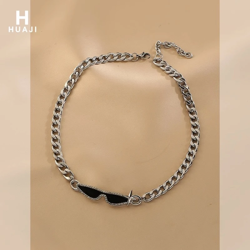 铜合金合成锆石项链 水钻墨镜项链嘻哈时尚个性设计感锁骨链颈链