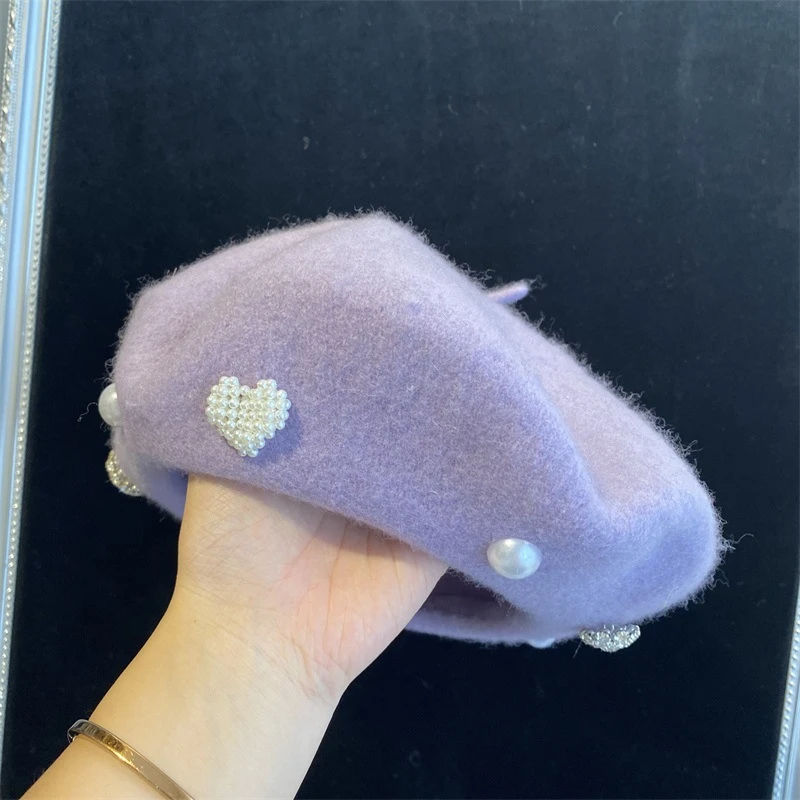 紫色贝雷帽羊毛去秋冬画家帽女大学生日系拍照毛呢帽子水钻韩版潮