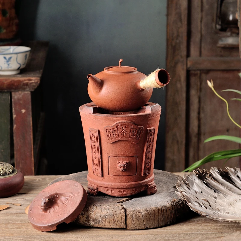 手工家用陶壶炭炉煮茶防裂火炉跳盖砂铫烧水户外木碳炉副榜对联炉