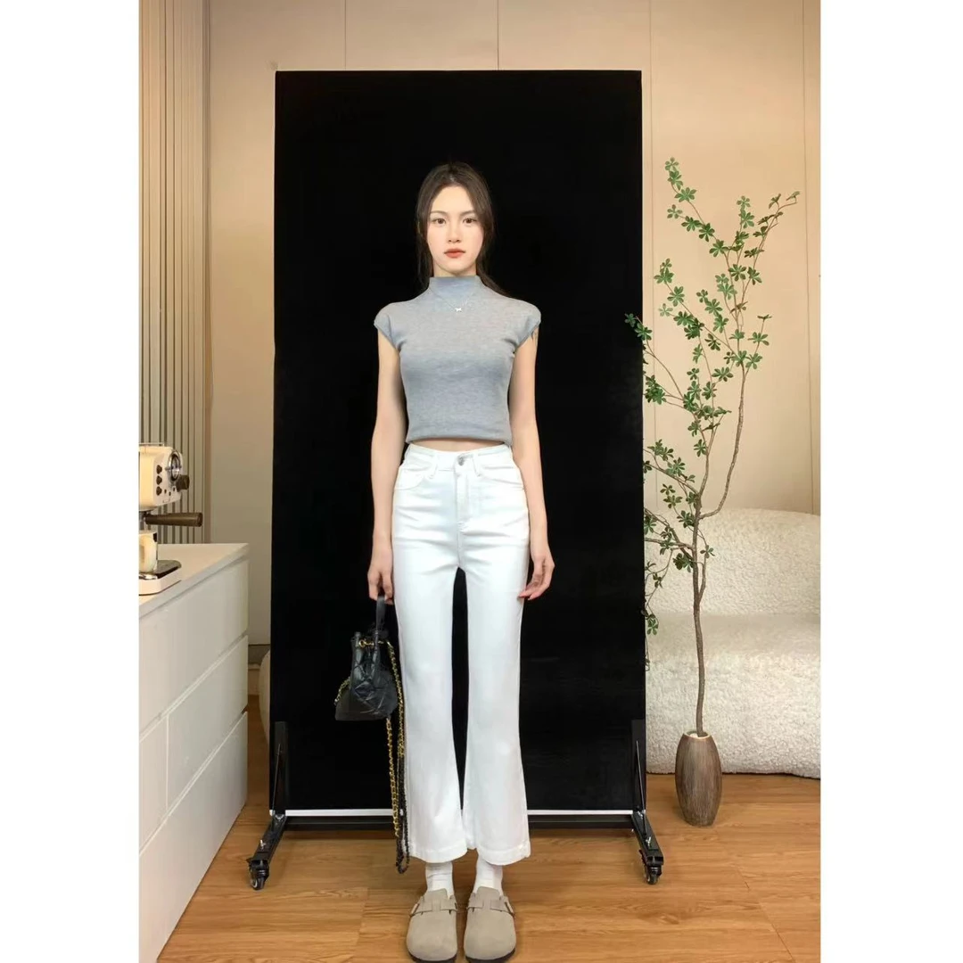 肚子10165宽松直筒微喇牛仔裤女设计感九分烟管长裤子气质喇叭裤