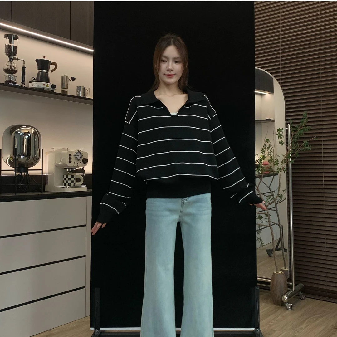 肚子m743翻领条纹显瘦长袖针织衫女秋冬简约高级感穿搭气质小众上