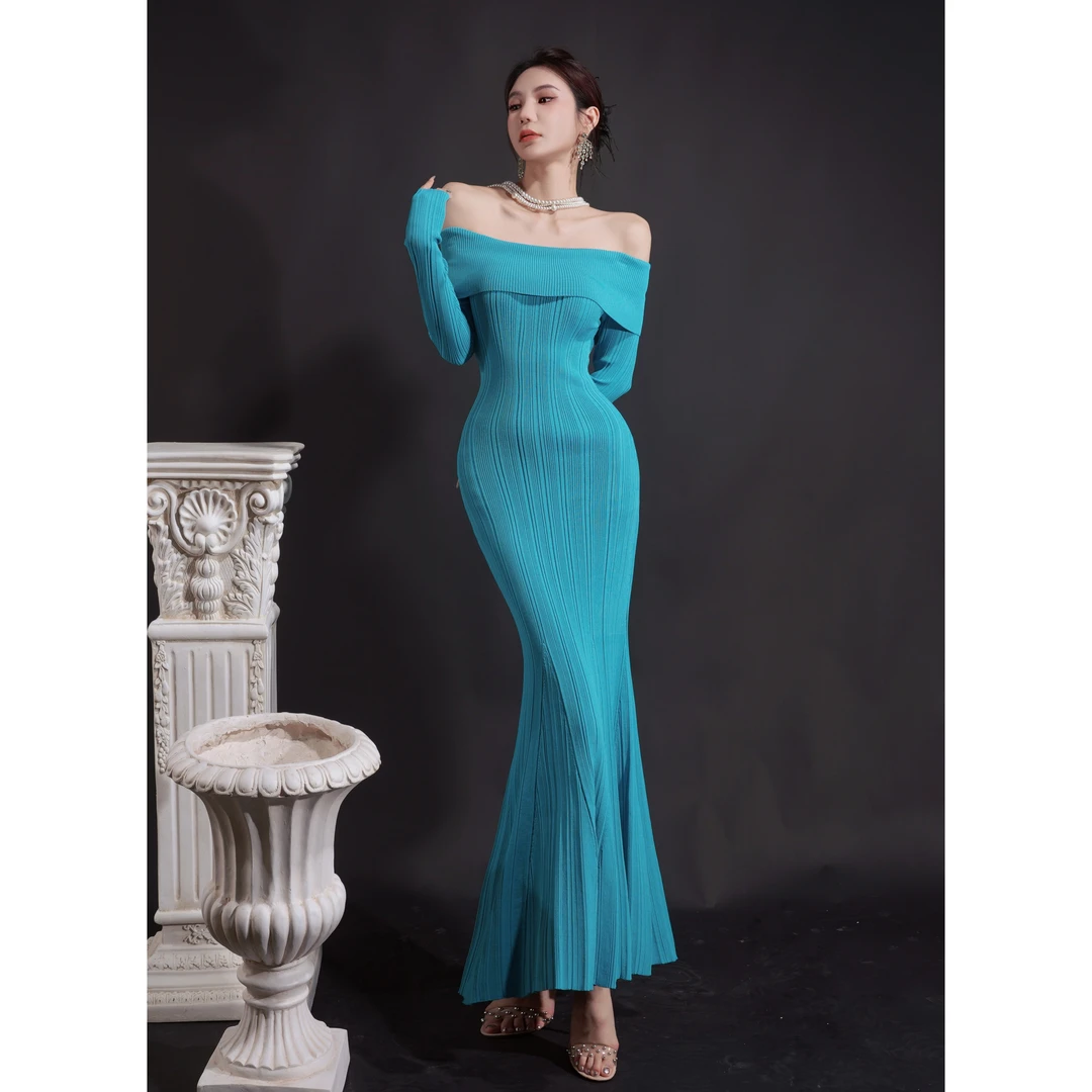 【星姐推荐】星原创高级定制「海盐天空」设计师优雅时尚一字肩连衣裙