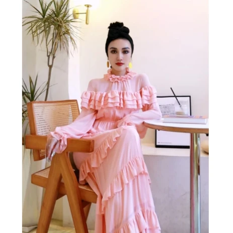 【星姐推荐】星原创高级定制[粉色霓裳]荷叶边设计师款气质连衣裙