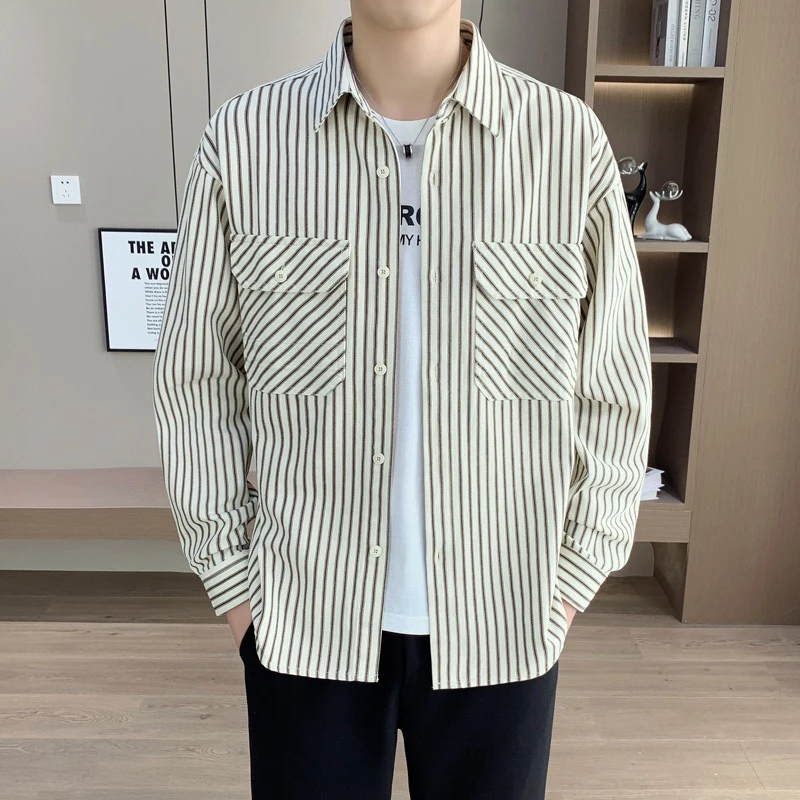 高品质 2025男条纹衬衫秋季全棉竖条纹衬衣简约百搭帅气