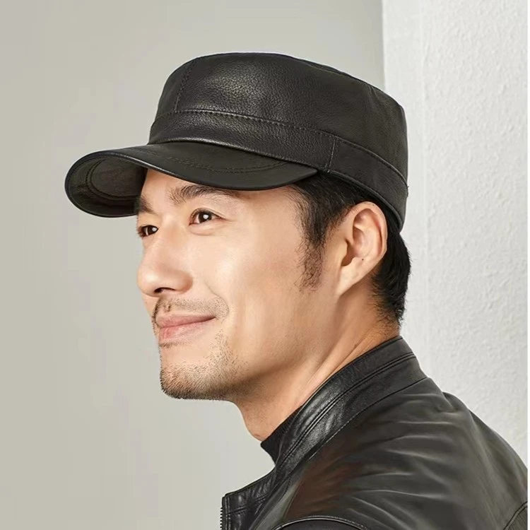 头层羊皮真皮百搭帽子男式平顶帽中青老年人休闲鸭舌帽秋冬款保暖