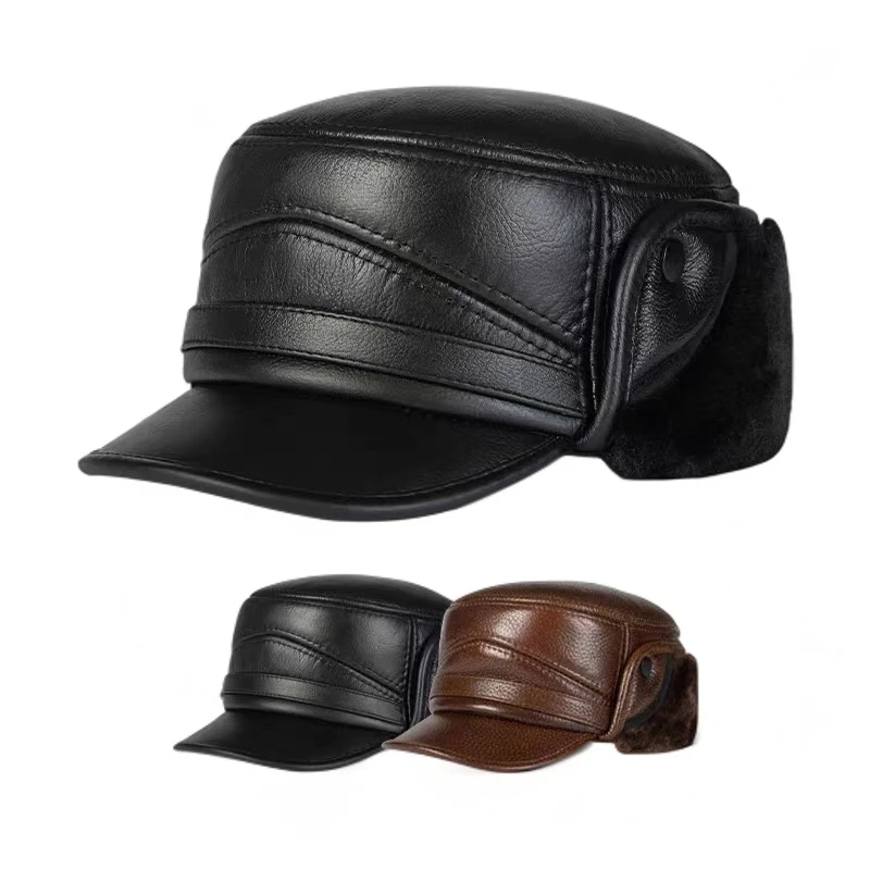 真皮帽子男士冬天中老年人户外羊皮保暖护耳男帽老人加绒秋冬