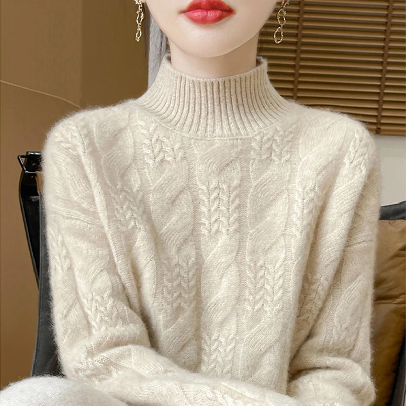 秋冬新款半高领保暖百搭羊绒衫女复古绞花加厚毛衣宽松打底羊毛衫