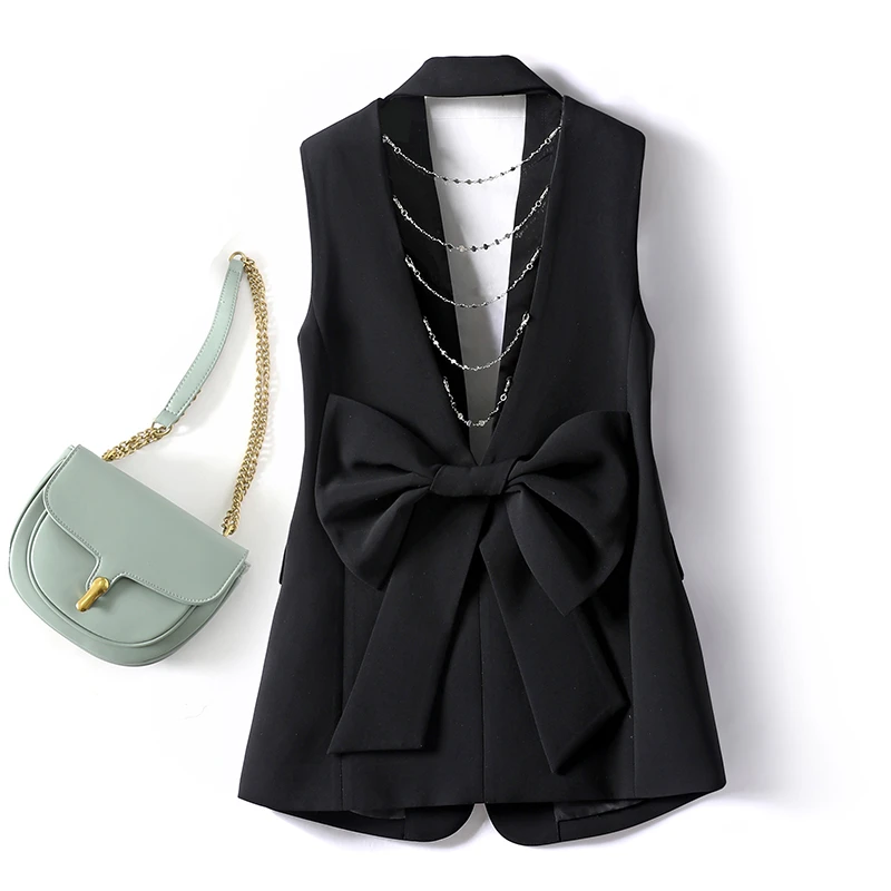 欧货重工西装马甲女设计感小众镂空链条设计蝴蝶结无袖马夹外套潮