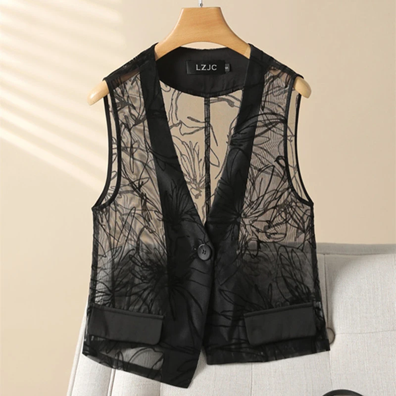 网纱马甲女短款高级薄款植绒2023夏百搭显瘦不对称雪纺坎肩小马夹