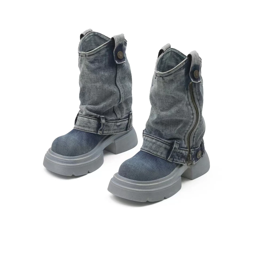 新款牛仔夏季厚底休闲短靴鞋运动百搭