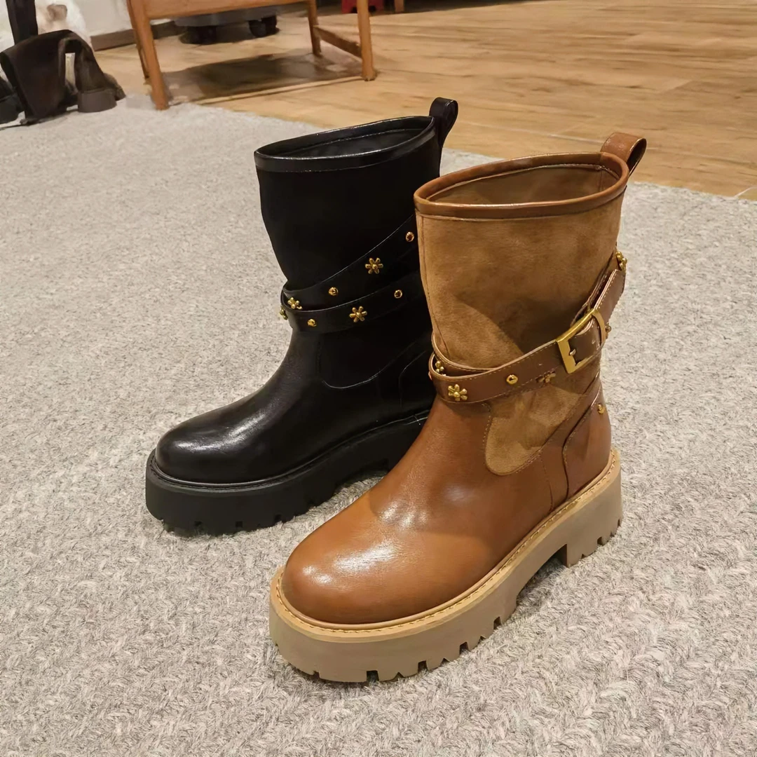 小小苏【小金菊】时尚百搭女士厚底骑士高帮秋冬靴真皮XCXA121