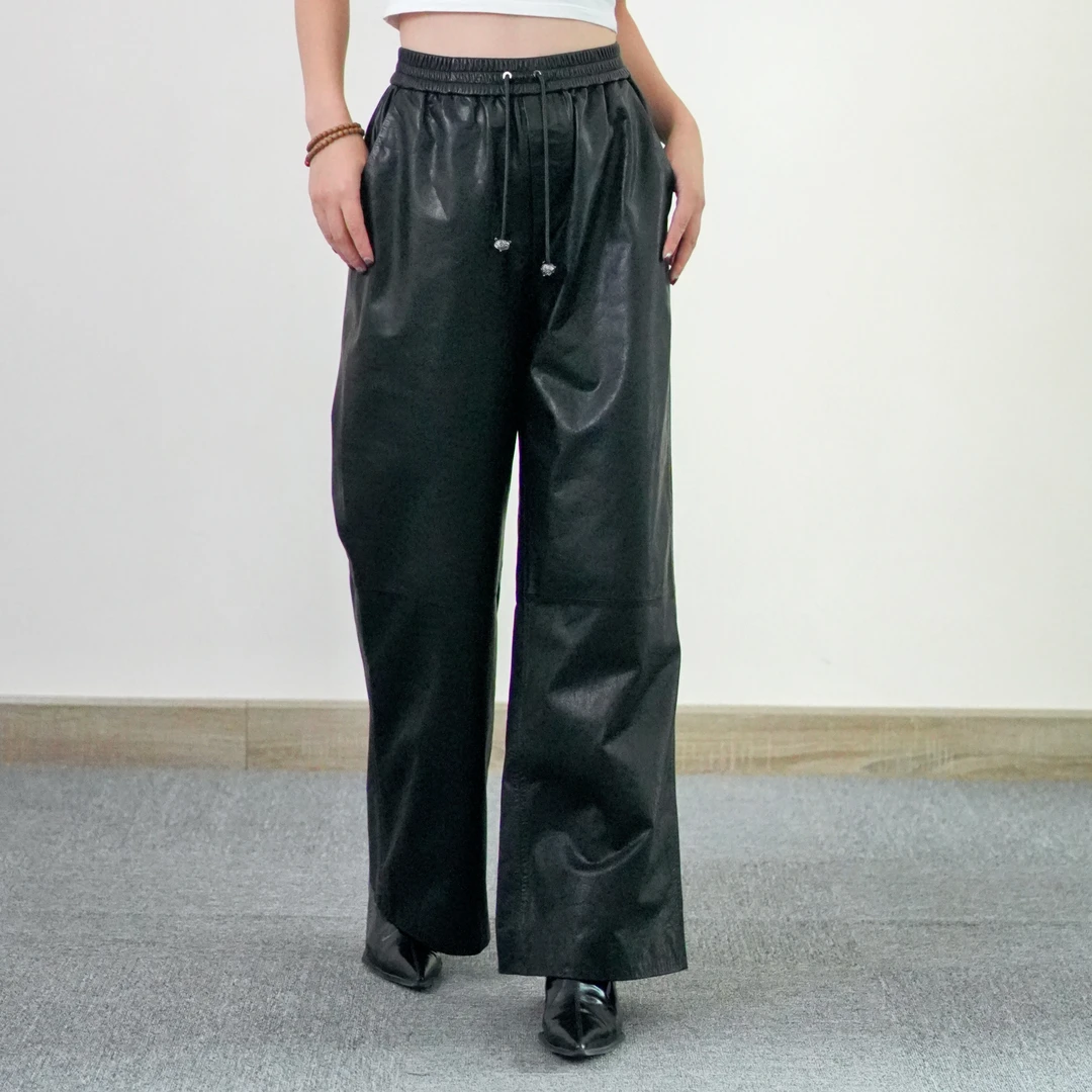 正品真皮休闲牛皮油蜡皮裤女士休闲黑色阔腿植鞣真皮长裤舒适宽松