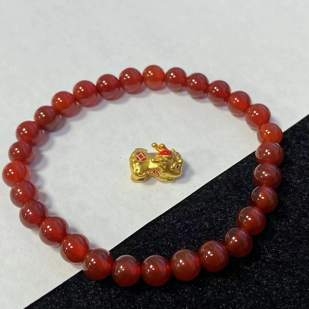 玖凤 足金999烧蓝鸿运当头Q币大貔貅宝宝穿玛 瑙手串@@A243