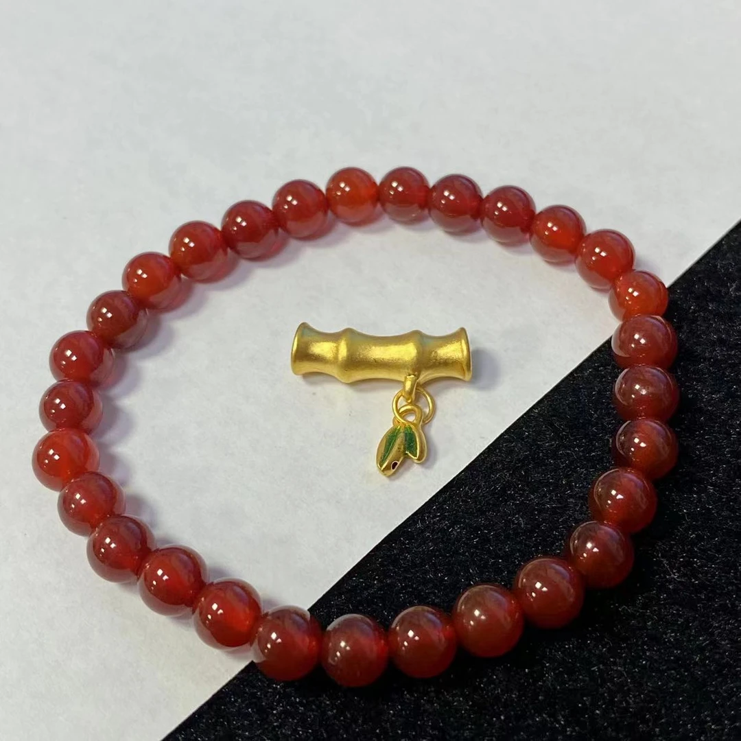 玖凤 足金999烧蓝绿叶子暴富竹节弯管红玛 瑙手串@@A238