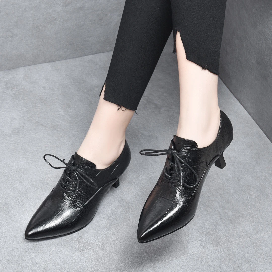 高跟单鞋女2023春秋新款尖头细跟中跟系带深口真皮气质女士高跟鞋