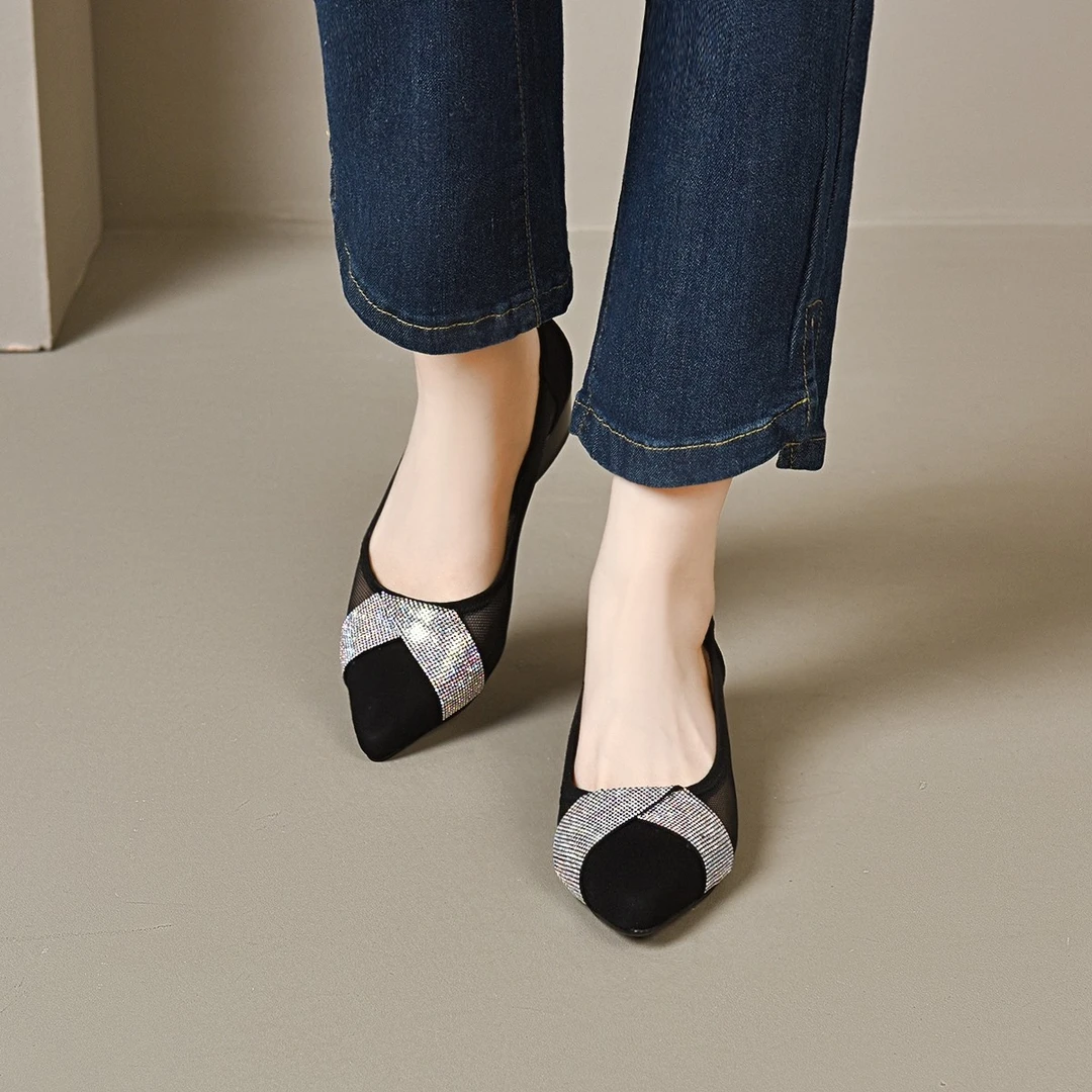 网纱单鞋女2024新款春夏季真皮镂空女鞋夏款浅口粗跟中跟百搭皮鞋