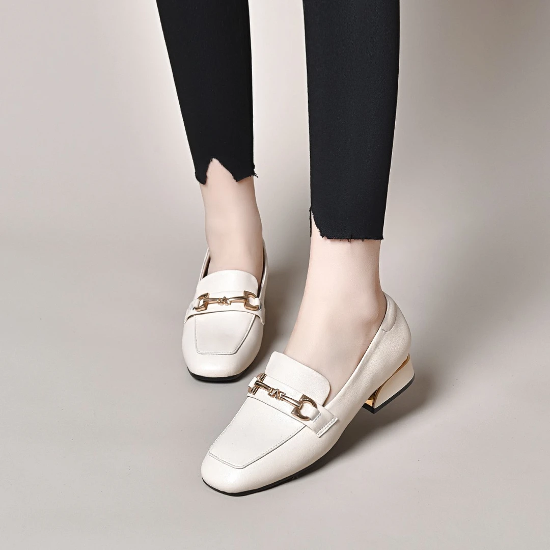 英伦风方头乐福鞋女2024春夏季时尚百搭舒适粗跟软底真皮女士单鞋