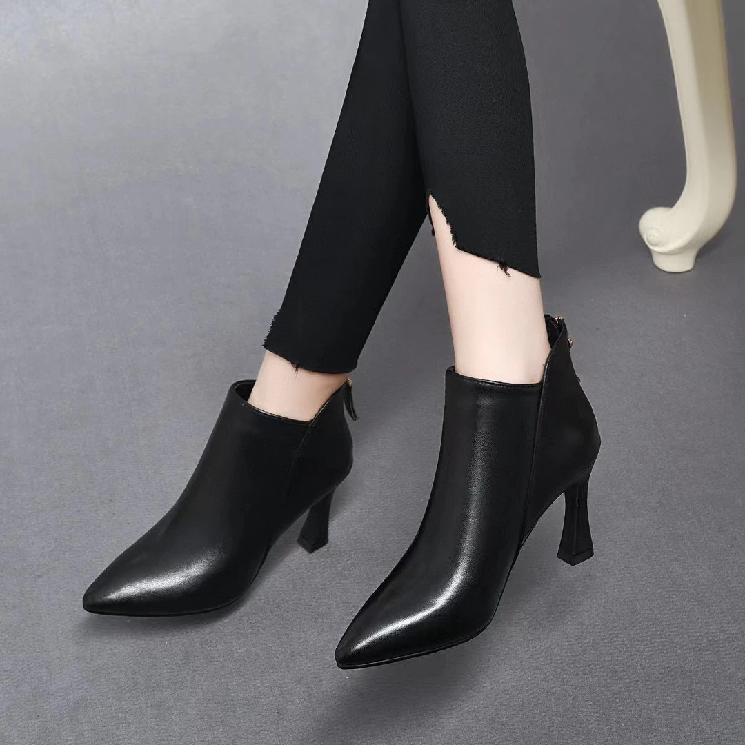 真皮气质尖头细跟短靴2025秋冬加绒高跟鞋软底软面职业工作鞋裸靴