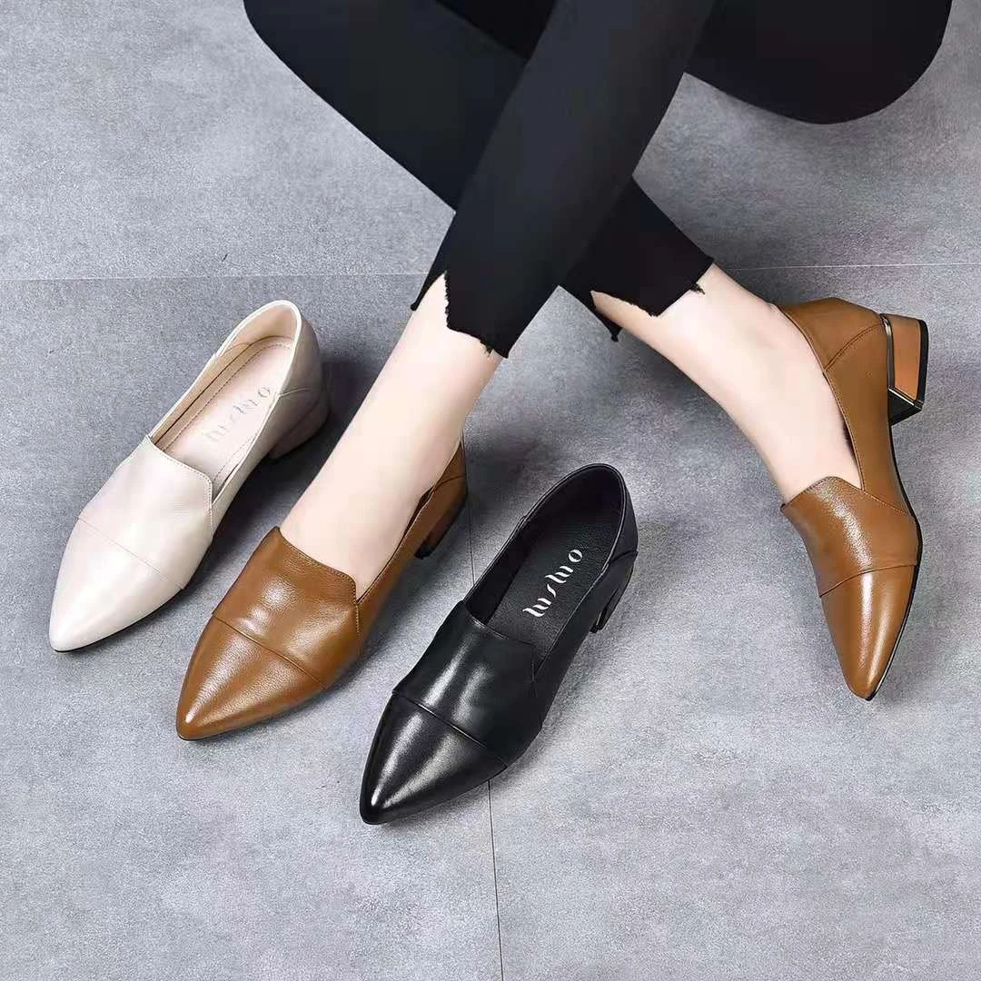 英伦风小皮鞋女夏季新款舒适低跟深口单鞋新款尖头一脚蹬工作鞋子