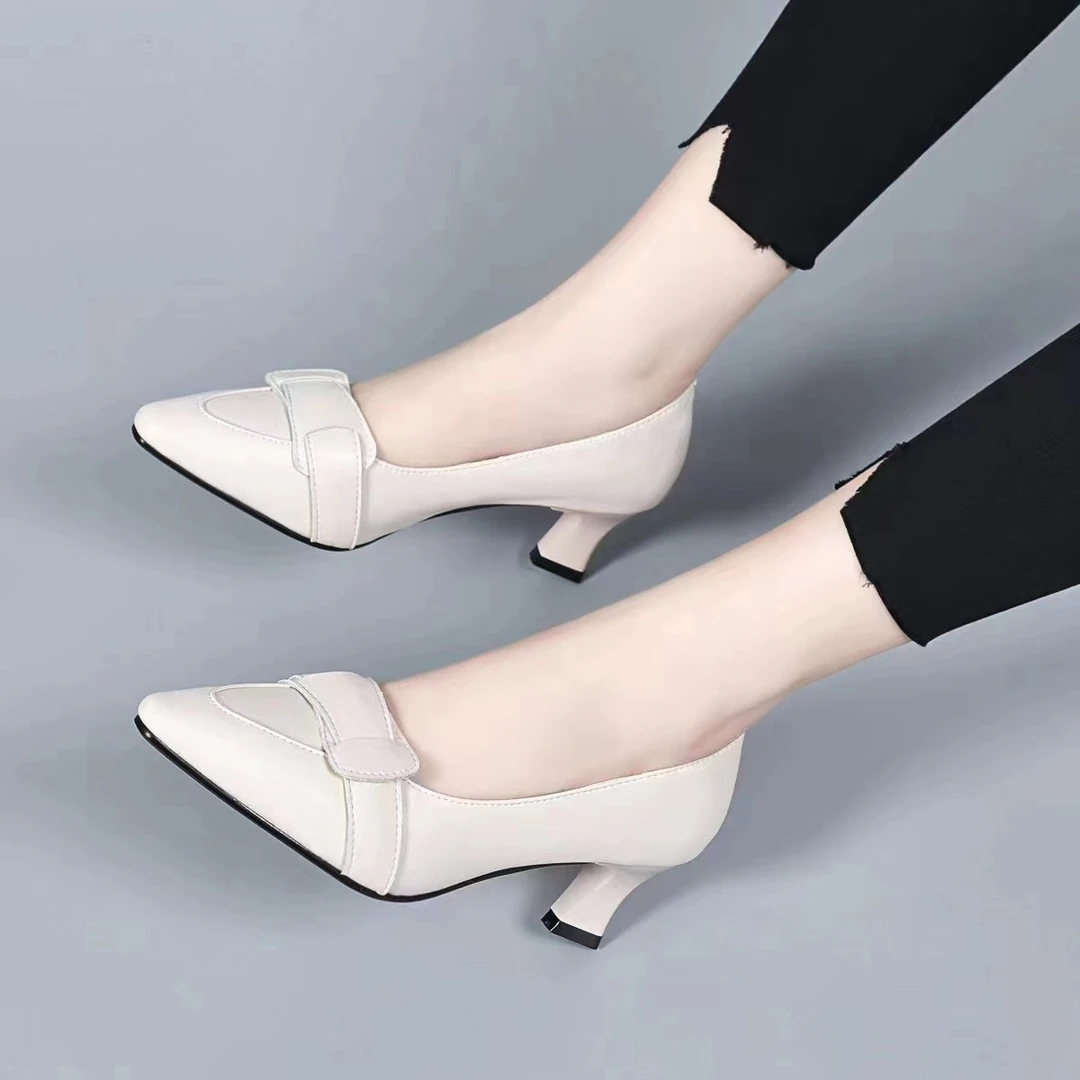 真皮牛皮软面单鞋气质高跟工作鞋尖头一脚蹬平价百搭职业粗跟女鞋