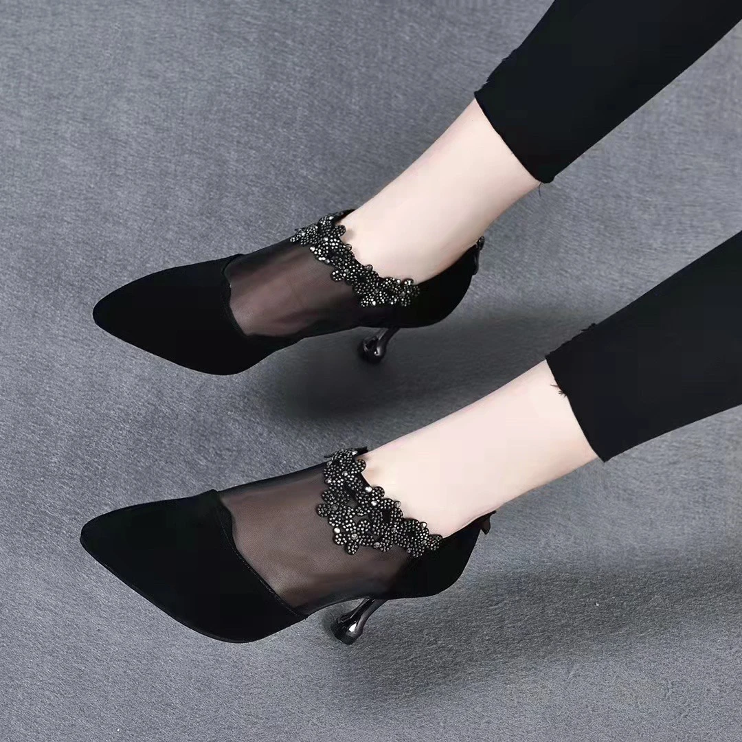 2025新款夏季网纱真皮女鞋尖头单鞋女软底春夏款妈妈凉鞋镂空皮鞋