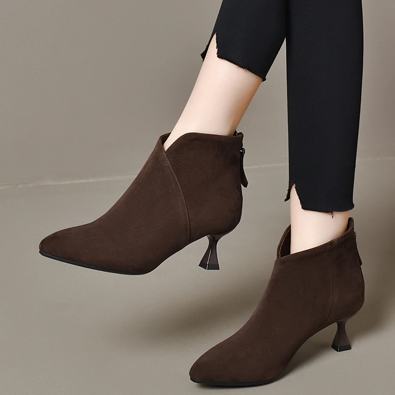 WH  新款秋冬季磨砂皮短靴女裸靴细跟真皮踝靴绒面羊皮加绒瘦瘦靴