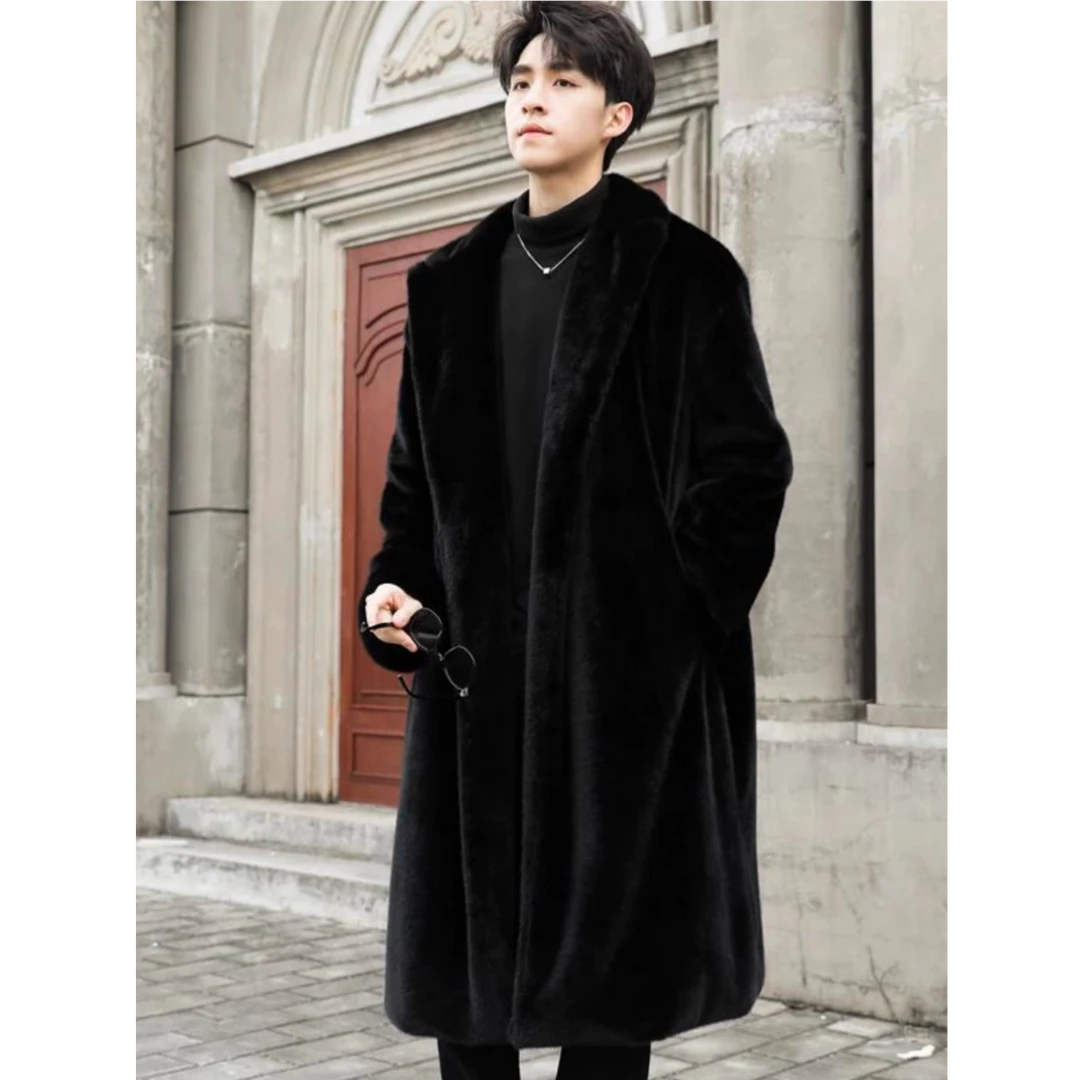 秋冬新款保暖大衣男长款过膝人造毛外套加厚潮流毛绒风衣男士棉衣