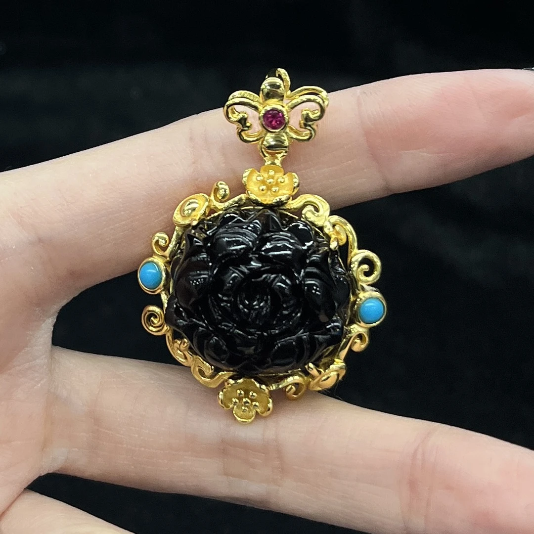 【云找玉】血珀花朵吊坠 S925银镶 多样性发1件 QYC2100