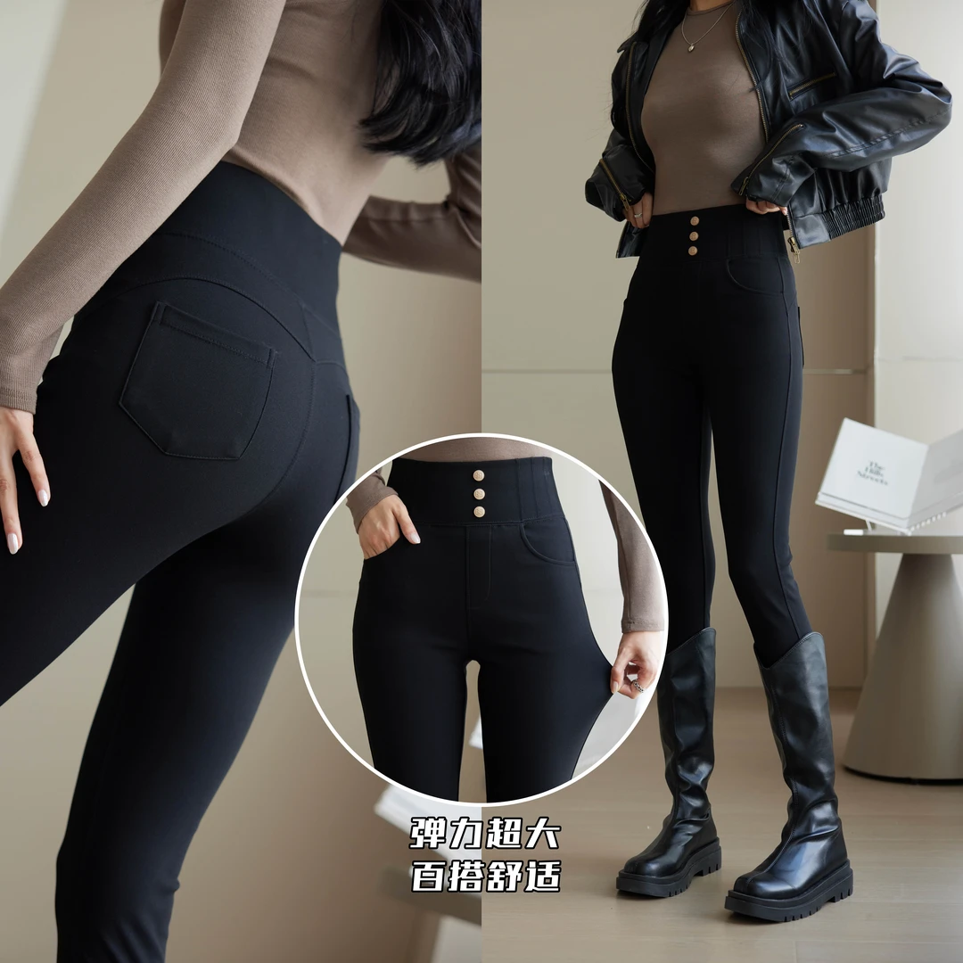 加绒外穿小黑裤女大码润肤弹力显瘦裤子高腰加厚魔术小黑裤M-3931