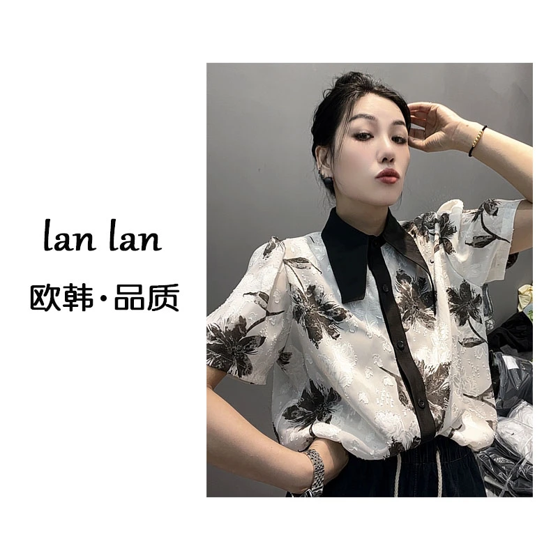 lanlan-夏上新【高品质欧韩】复古设计小众时尚洋气印花翻领短袖女