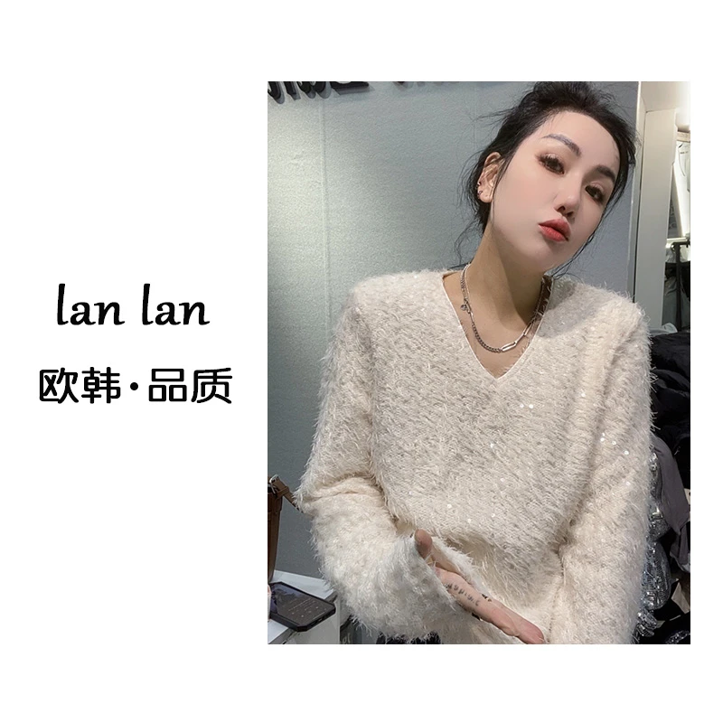 lanlan-冬上新【加绒v领闪闪亮片】高货韩系小众闪闪亮片上衣女高级