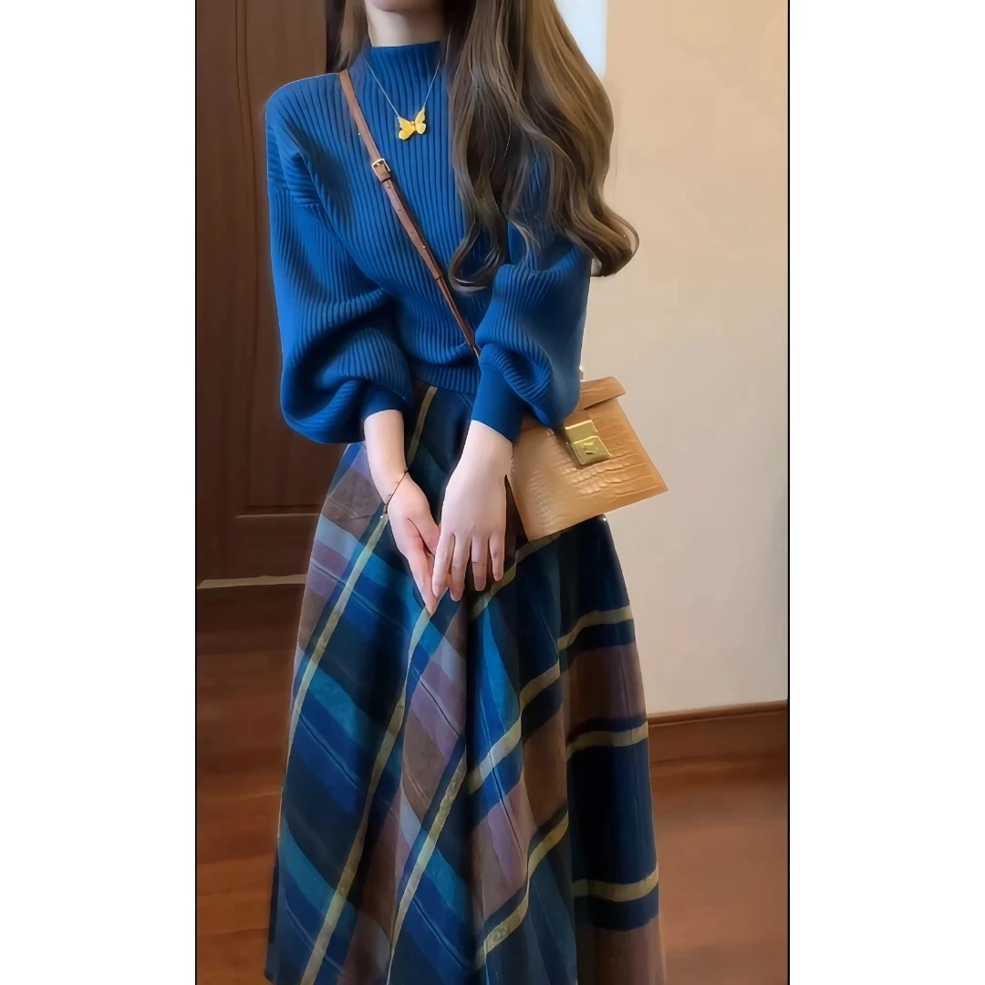 法式文艺复古蓝色半高领针织毛衣+高腰格子半身长裙套装裙88964