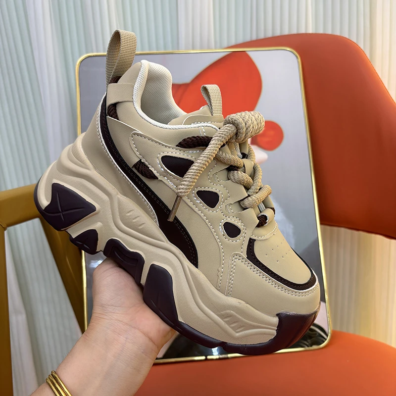 2025年皮面透气老爹鞋单鞋休闲运动鞋内增高女鞋小个子高跟鞋厚底