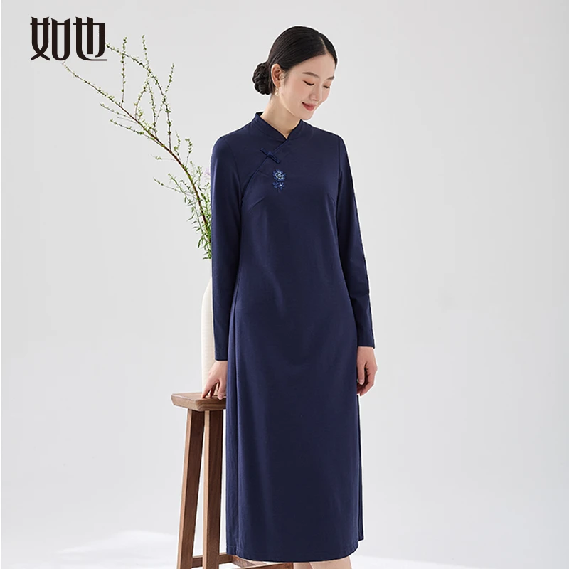 如也春季手工绣花小立领圆襟针织连衣裙新中式禅茶改良旗袍｜36610