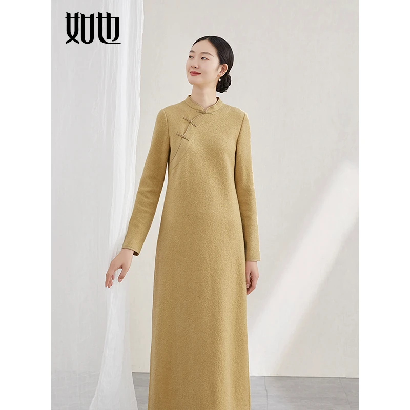 如也秋冬高个子一字扣斜襟改良毛呢旗袍 两边开叉针织裙袍｜35721