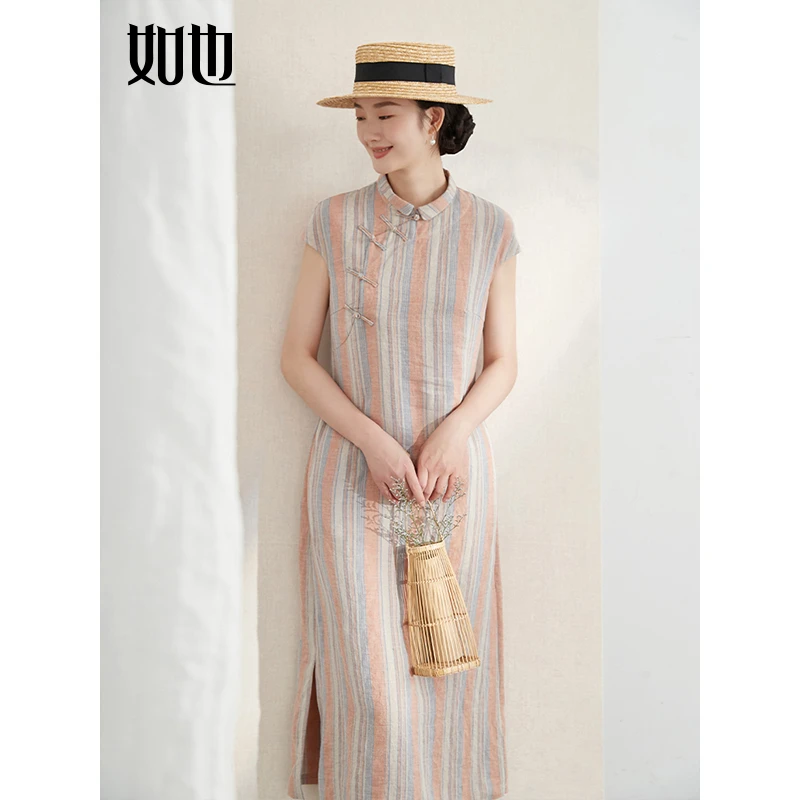 如也夏季小盖袖中式中国风 色织条纹亚麻国风复古改良旗袍｜35815