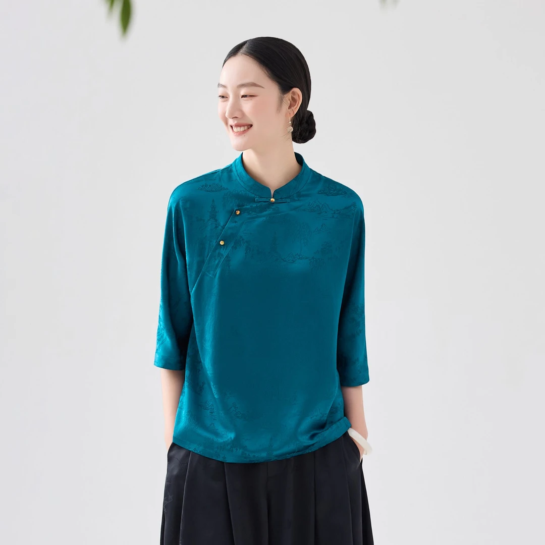 如也正品『山水间』新中式醋酸衬衣国风提花上衣女夏禅意茶服｜11918