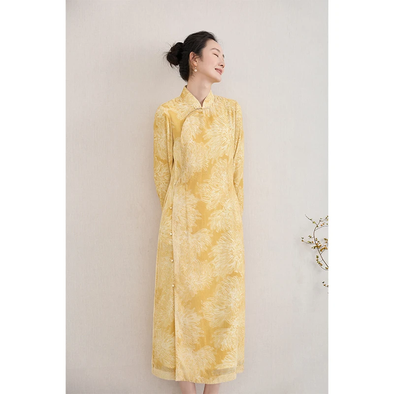 如也正品新中式改良丝绒植绒旗袍连衣裙中国风秋女  破晓｜36853