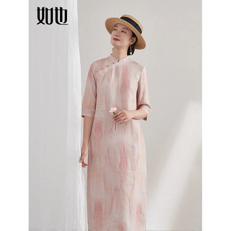 如也夏季国风立领斜襟七分袖长裙 亚麻印花改良旗袍 曼卉｜35998