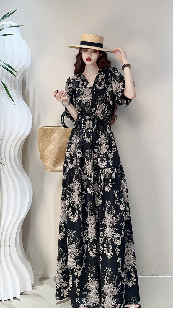 2024新款及踝连衣裙气质抽绳碎花收腰显瘦大码mm长裙裙子