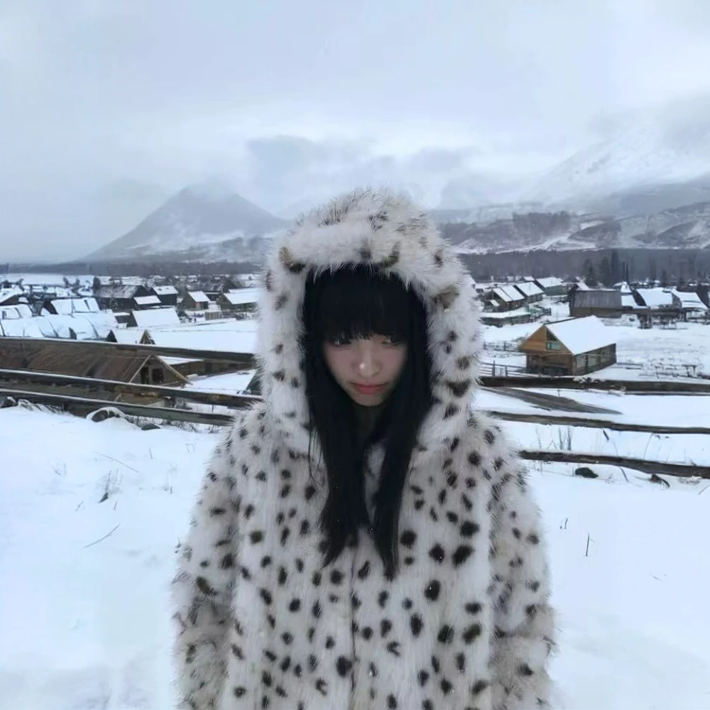 豹纹连帽仿狐狸毛加厚外套冬季高级感环保毛绒大衣宽松保暖女上衣