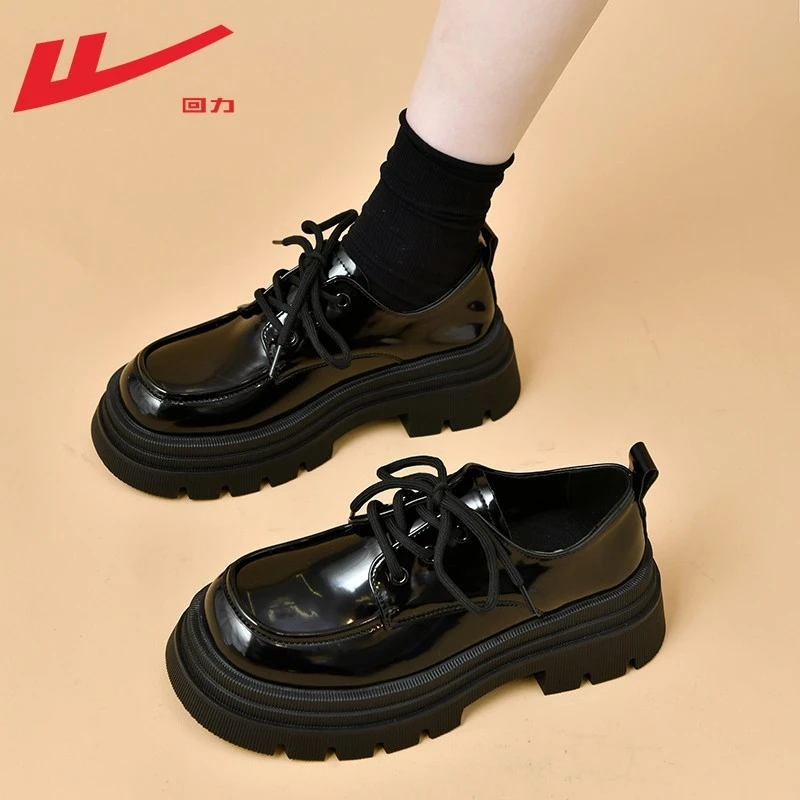 回力小皮鞋2025爆款女鞋厚底乐福鞋带跟英伦风黑色乐福jk鞋子女