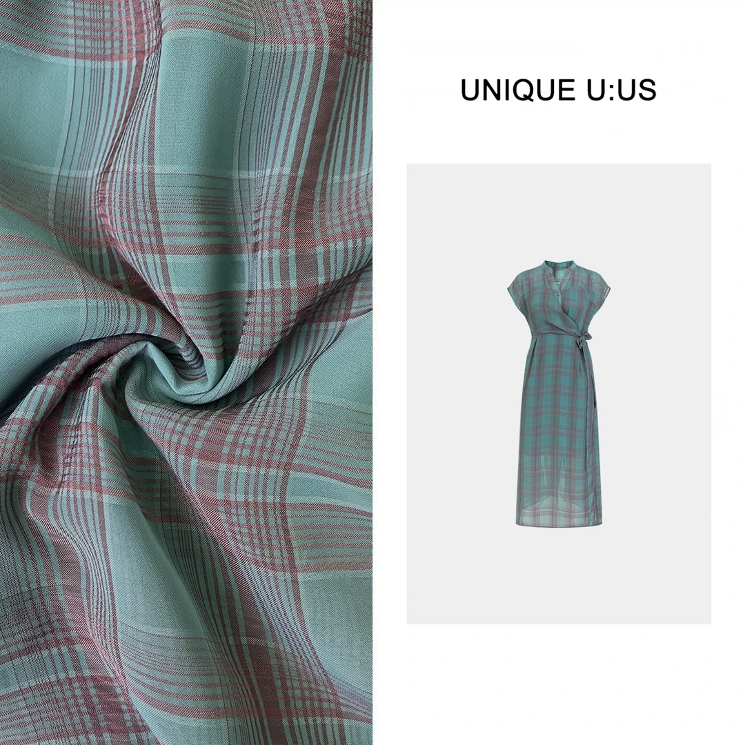 UNIQUE U:US【湖绿海岸】复古格纹收腰显瘦气质女装连衣裙-245315