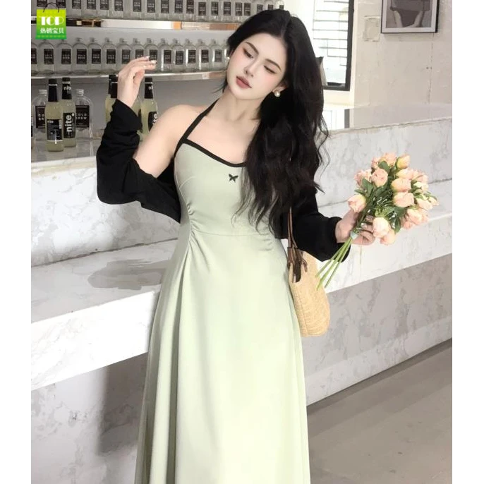 律动莫兰迪大码胖mm女夏季气质法式显瘦性感时尚连衣裙+开衫套装