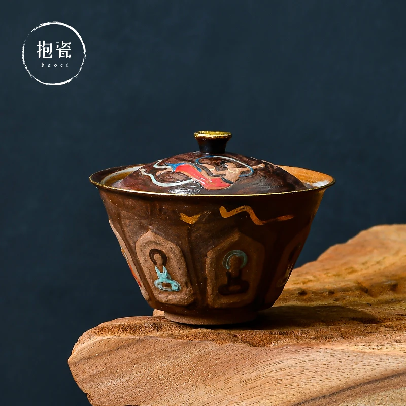 陈培强盖碗敦煌飞天禅意茶具粗陶手工泡茶碗茶杯家用套组中式描金