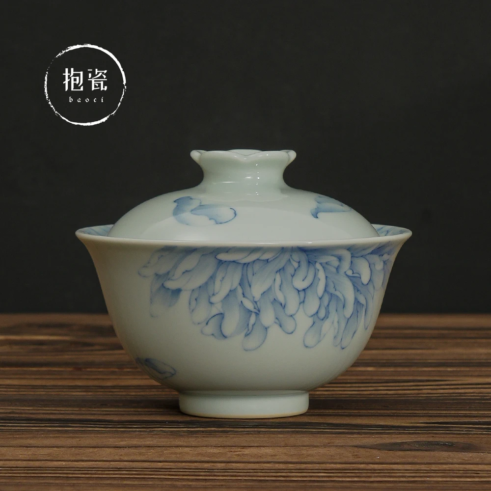 青樵轩盖碗景德镇手绘釉下青花落花有意茶具主人杯国色陶瓷纯手工