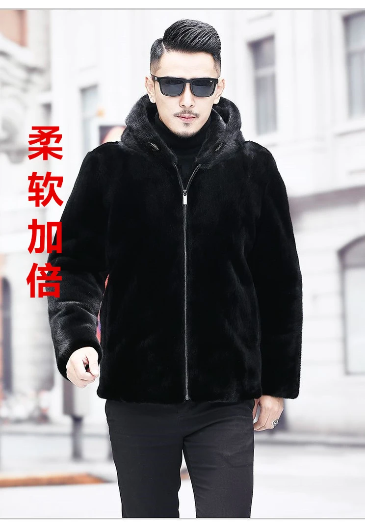 冬季新款男士连帽仿皮草外套翻领加厚皮毛一体宽松保暖貂绒大衣